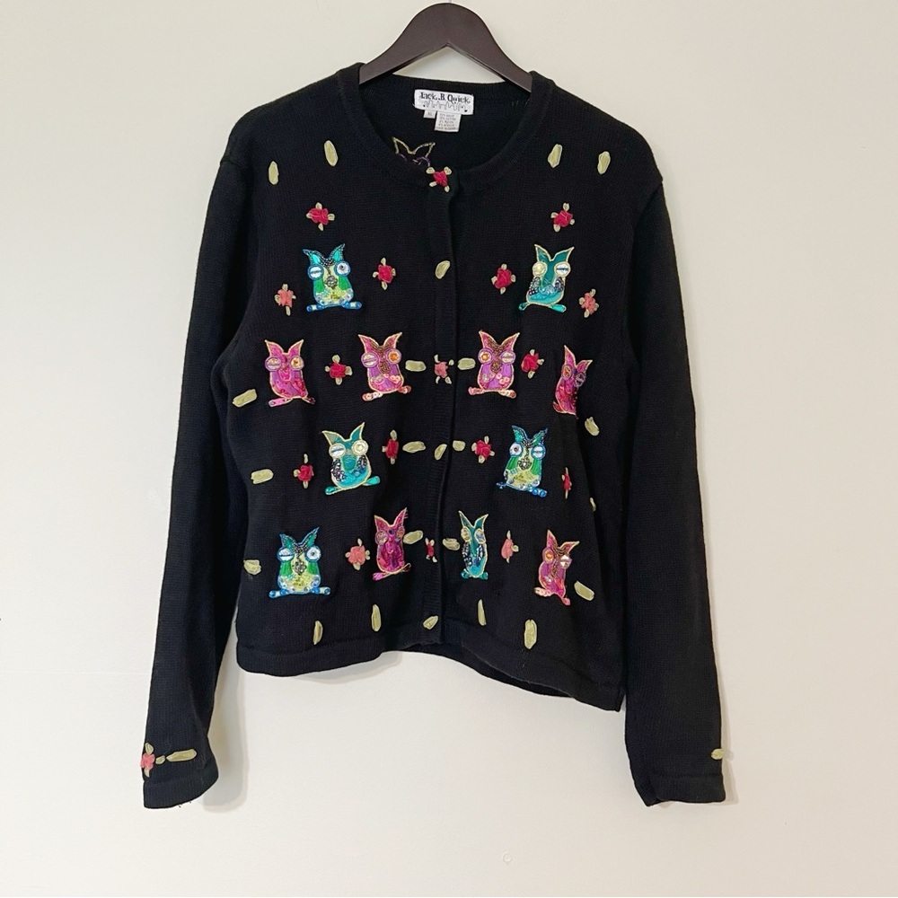 Vintage Jack B. Quick Beaded Owl Embroidered Black Cardigan